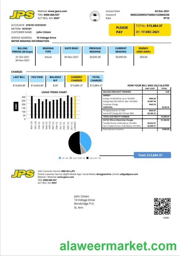 Jamaica Public Service Company Limited (JPS) electricity utility bill template in Word and PDF format